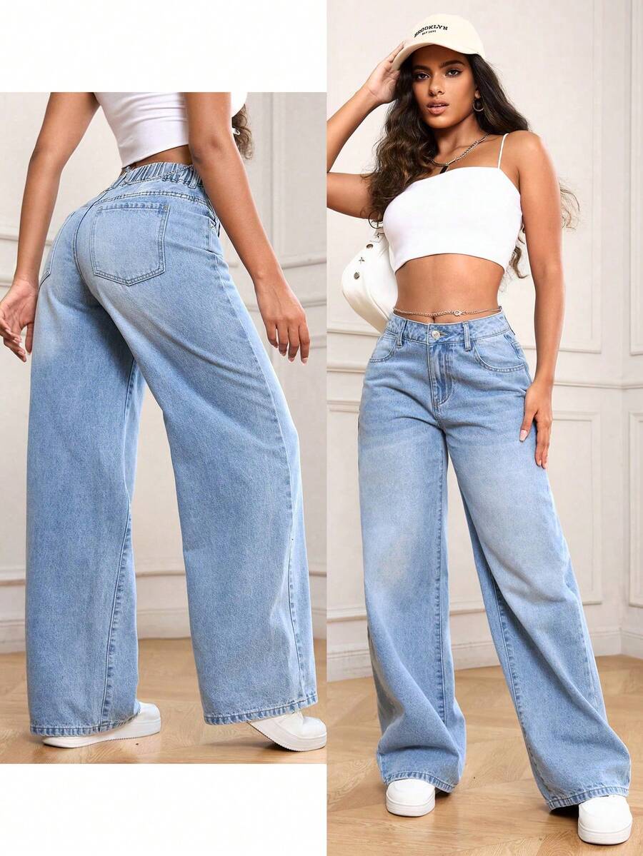 Jeanoix Plusstorlekar för kvinnor, Y2K-stil, högmidjade jeans med vida ben och dekorativ midjekedja, cowboykläder - Ljustvätt - Visa 1