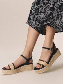 Styleloop 女士厚底坡跟凉鞋，时尚纯色编织休闲厚底坡跟凉鞋，波西米亚复古帆布踝带坡跟凉鞋，美式西部音乐节派对穿搭，度假穿搭，旅行必备 - 黑色1 - 查看 5