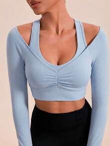 VARSIVA Women's Autumn Simple Solid Color Pleated Cropped Fitted Sports T-Shirt - Blue - View 5