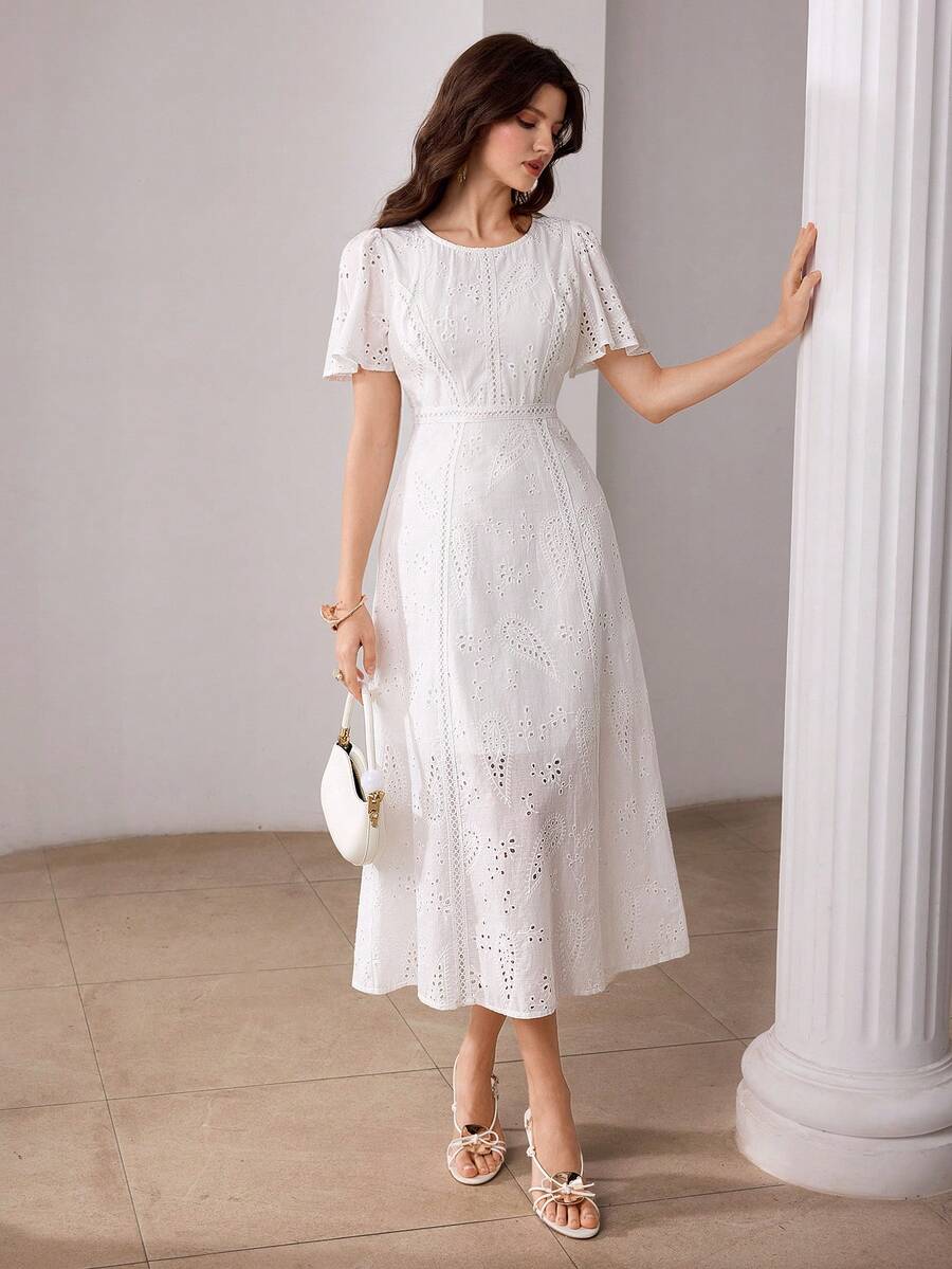 Modelyn Women's French Elegant White Hollow Embroidery Round Neck Cinched Waist Short Sleeve Dress - White - View 1