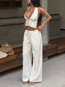 FavEase Women's Casual Backless Deep V-Neck Halter Top And Low Waist Tie-Waist Straight Leg Pants 2-Piece Set - Apricot - View 7