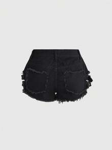 ROMWE Y2K性感极简低腰毛边系带休闲街头风女式牛仔短裤，春夏款 - 黑色 - 查看 3