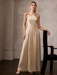 MOTF Soiréza RHINESTONE CROSS WRAP HALTER NECK PROM DRESS - Khaki - View 6