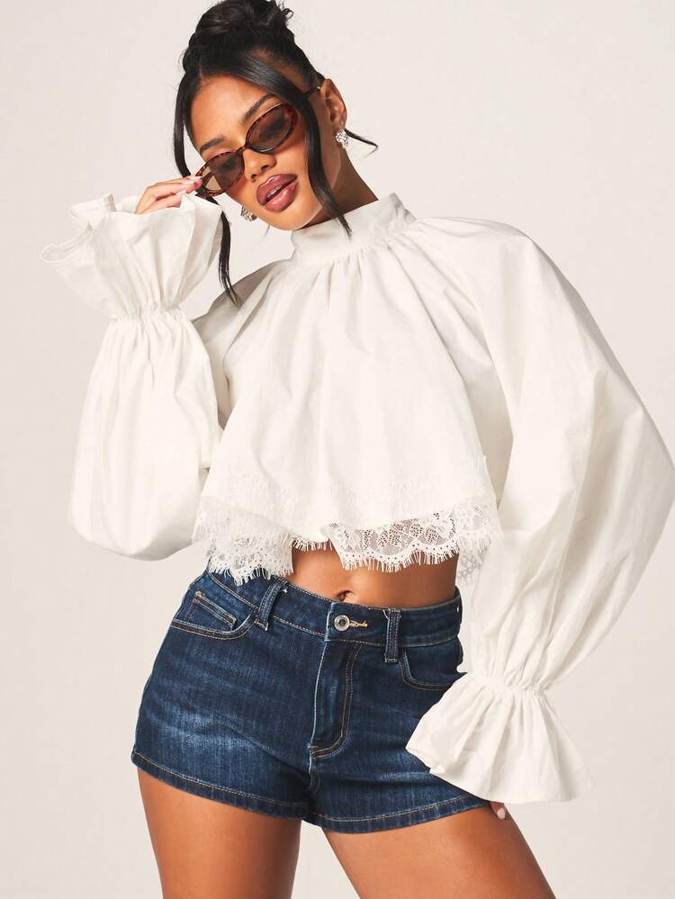 MISSGUIDED Women's Cropped Baby Doll High Neck Balloon Sleeve Lace Trim Blouse Fall Top