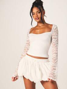 MISSGUIDED Lace Long Sleeve Sweetheart Neck Crop Top Feminine Party Date Night Spring Summer - White - View 1