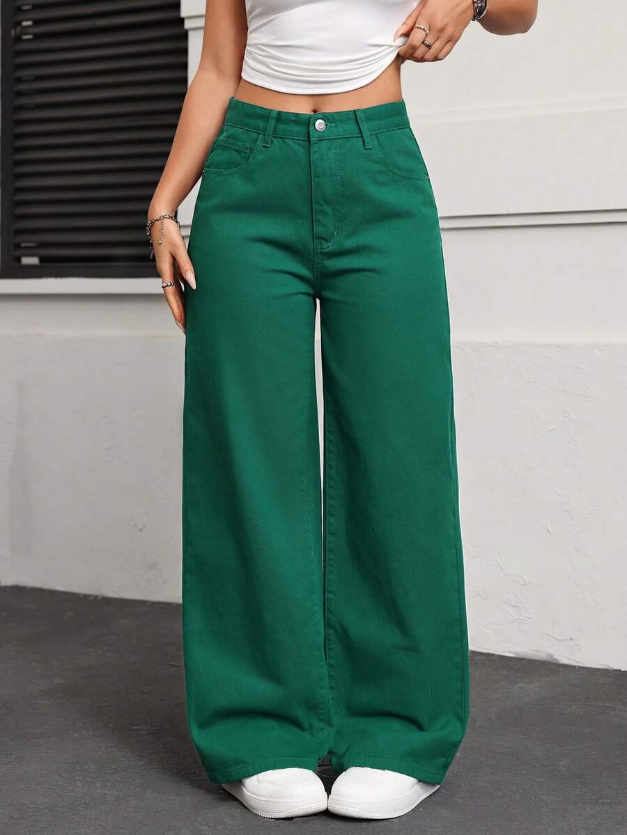 SHEIN EZwear Quần jean denim nữ ống rộng có túi, dáng suông, đa năng. - màu xanh lá - Xem 1