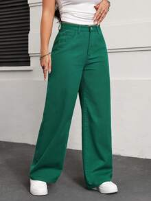 SHEIN EZwear Quần jean denim nữ ống rộng có túi, dáng suông, đa năng. - màu xanh lá - Xem 5