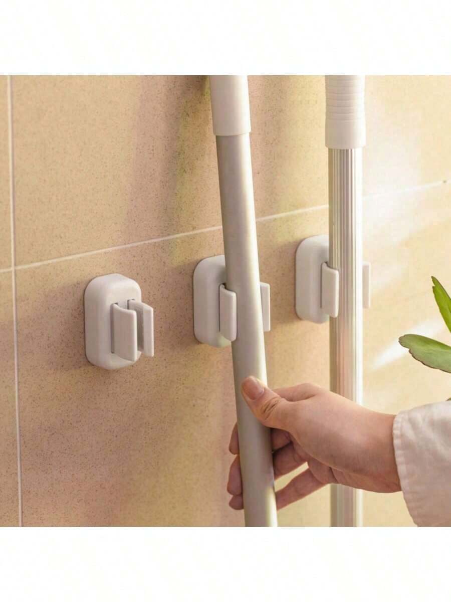 1个扫帚架，壁挂式拖把工具收纳架，适用于洗衣房、衣柜、浴室，单槽免钻孔拖把架 - 白色 - 查看 1