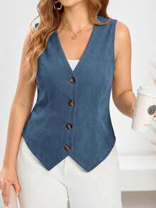 EMERY ROSE Blazer minimalista de talla grande con cuello en V sin mangas, de un solo color y con botones delanteros - Neblina azul - Ver 4