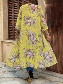 EMERY ROSE Chaqueta casual de vacaciones con estampado floral para tallas grandes - Amarillo - Ver 2