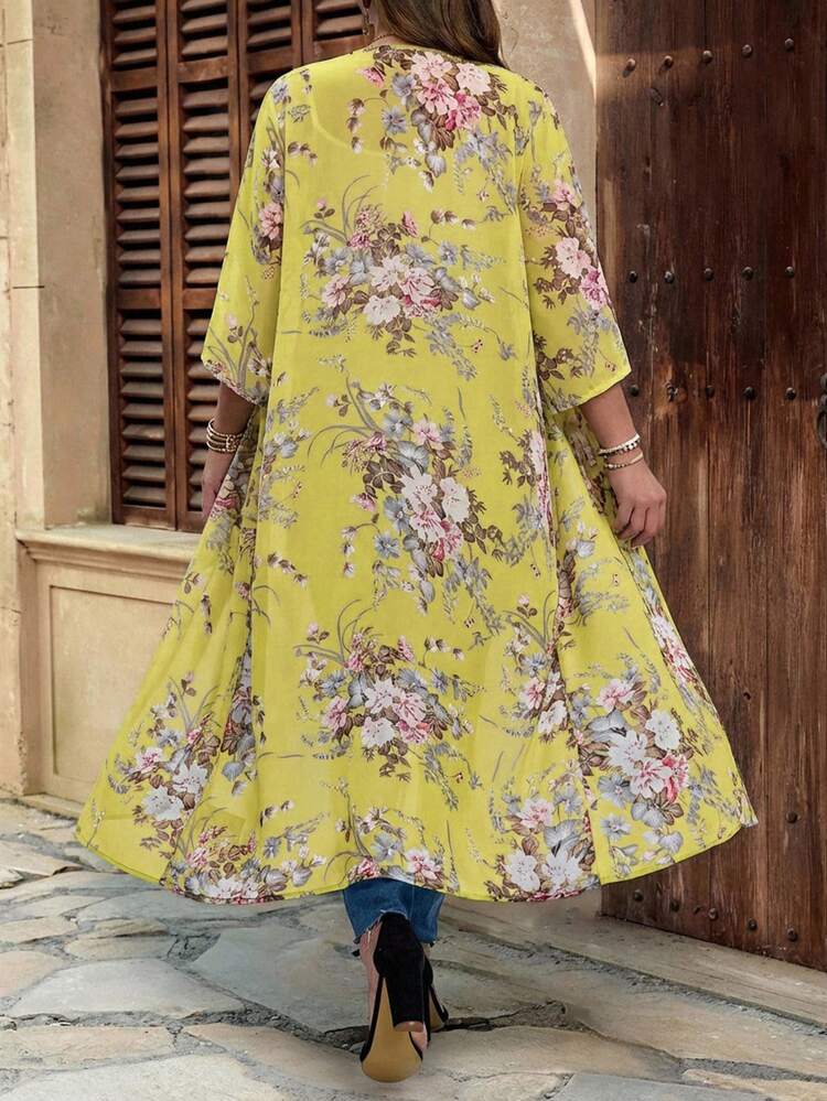 EMERY ROSE Chaqueta casual de vacaciones con estampado floral para tallas grandes - Amarillo - Ver 2