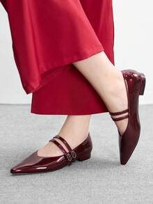 CUCCOO BIZCHIC 女士四季鞋款双扣平底尖头时尚酒红色PU皮平底鞋婚礼情人节鞋 - 酒紅色 - 查看 5