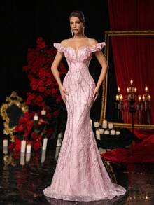 Glamrae 优雅紫色奢华串珠露肩新奇夸张领口收腰透视美人鱼正式晚礼服 - 藕粉色 - 查看 7