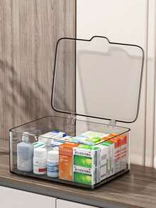 1PC, Medicine Storage Box, Transparent Desktop Storage Box, With Flip Cover Dustproof Storage Box. Household Mini Medicine Storage Box. Multi Functional Storage, Which Can Store Cosmetics, Facial Mask, Stationery, Sundries, Etc - Clear - View 1