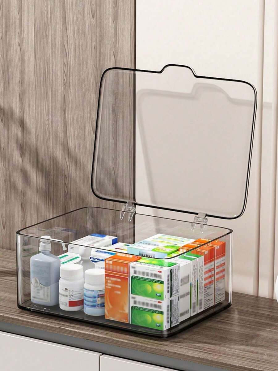 1PC, Medicine Storage Box, Transparent Desktop Storage Box, With Flip Cover Dustproof Storage Box. Household Mini Medicine Storage Box. Multi Functional Storage, Which Can Store Cosmetics, Facial Mask, Stationery, Sundries, Etc - Clear - View 1