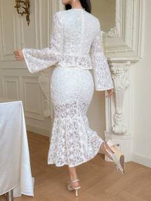 DAZY Women's Elegant Apricot Lace V-Neck Splice Ruffle Blouse And Fish Tail Skirt 2-Piece Set, Spring/Summer - Apricot - View 2