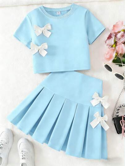 Sparklyn طقم كاجوال مكون من تي شيرت مزين بفيونكة وتنورة مطوية للفتيات المراهقات