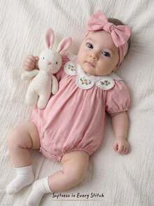 Cozy Pixies Baby Girl Floral Print Ruffle Collar Bubble Sleeve Romper - Pink - View 1