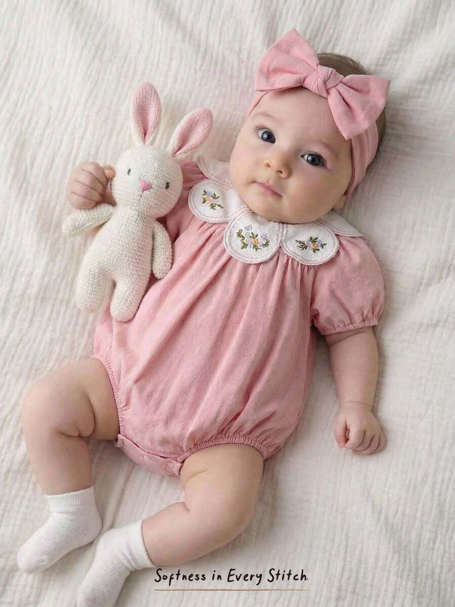 Cozy Pixies Baby Girl Floral Print Ruffle Collar Bubble Sleeve Romper - Pink - View 1