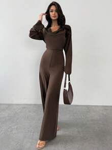 Firerie 女士优雅休闲连体裤，适合日常、通勤、办公穿着，咖啡棕色长袖垂褶领口收腰设计，宽松直筒裤型，适合春夏穿着，也可作为教师服、户外活动和度假装束。 - 咖啡棕 - 查看 7