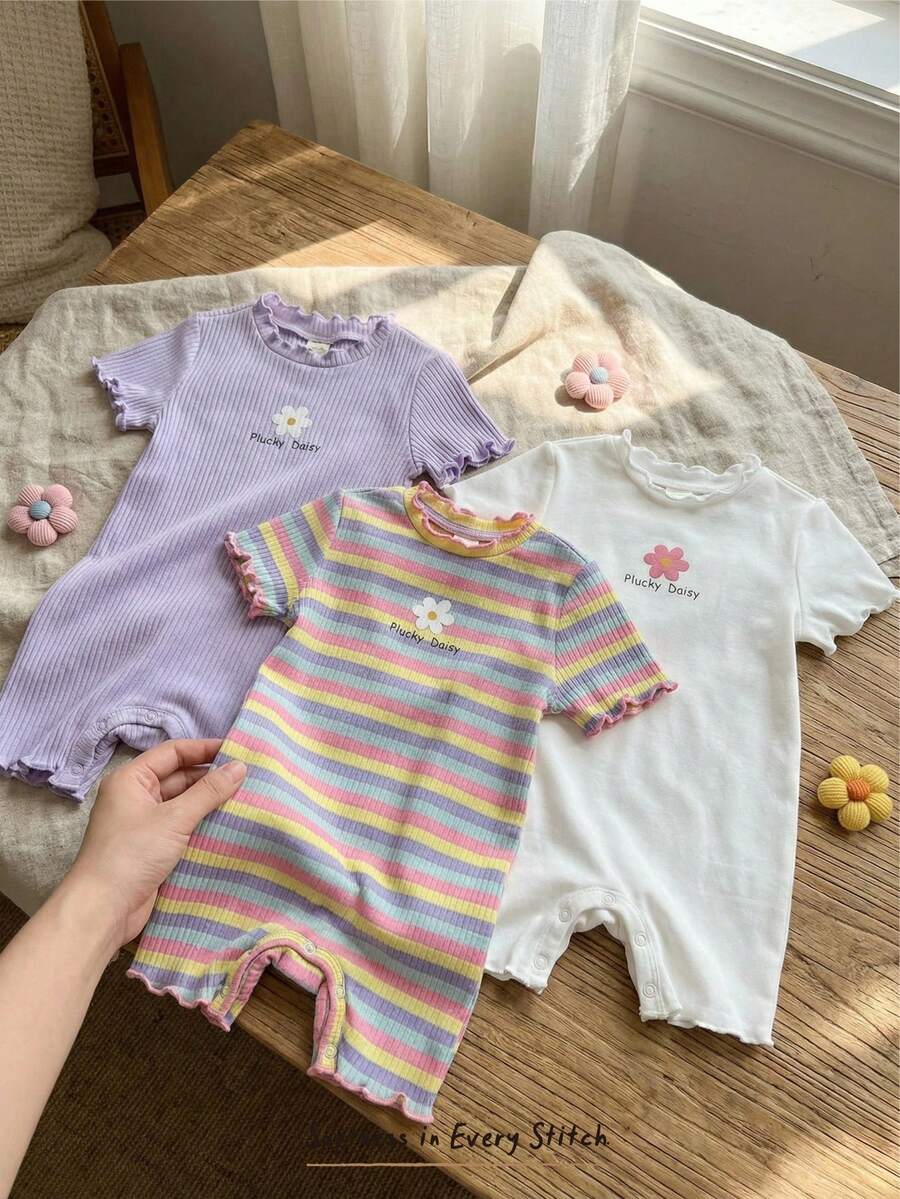 Cozy Pixies 3件套女婴碎花条纹针织柔软圆领短袖连体衣和短裤套装 - 彩色 - 查看 1