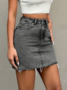 EURMUSE Chân váy denim nữ thường ngày, kiểu dáng thoải mái, có túi và cúc. - Màu Xám nhạt - Xem 6