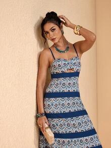 JIAN LASALA All-Over Print Spaghetti Strap Sleeveless Bustier Top Cutout A-Line Loose Women Maxi Dress Boho - Blue - View 7