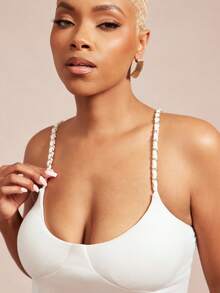 Vixey Brushed Jersey Built In Bra Cup Chain Strap Cami Top - Apricot - View 2