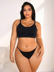 NudeFit 2pcs/Set Plus Size Women Seamless Jacquard Wireless Bra And Thong Panty Set, Casual Minimalist - Black - View 7