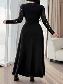 Feyla Vestido elegante con parches de lentejuelas y cuello de corazón con cintura ceñida, talla grande, otoño - Negro - Ver 2
