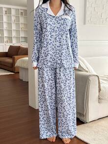 DAZY Leopard Print Patchwork Loose Women Pajama Set - Blue - View 4