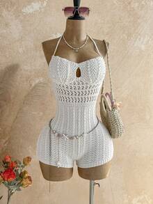 Soleia Women's Autumn Vacation Outfit - Ombre Knit Deep V-Neck Backless Jumpsuit, Sexy & Fashionable Fitted Romper For Party, Date, Afternoon Tea, Boho Beach - White - View 1