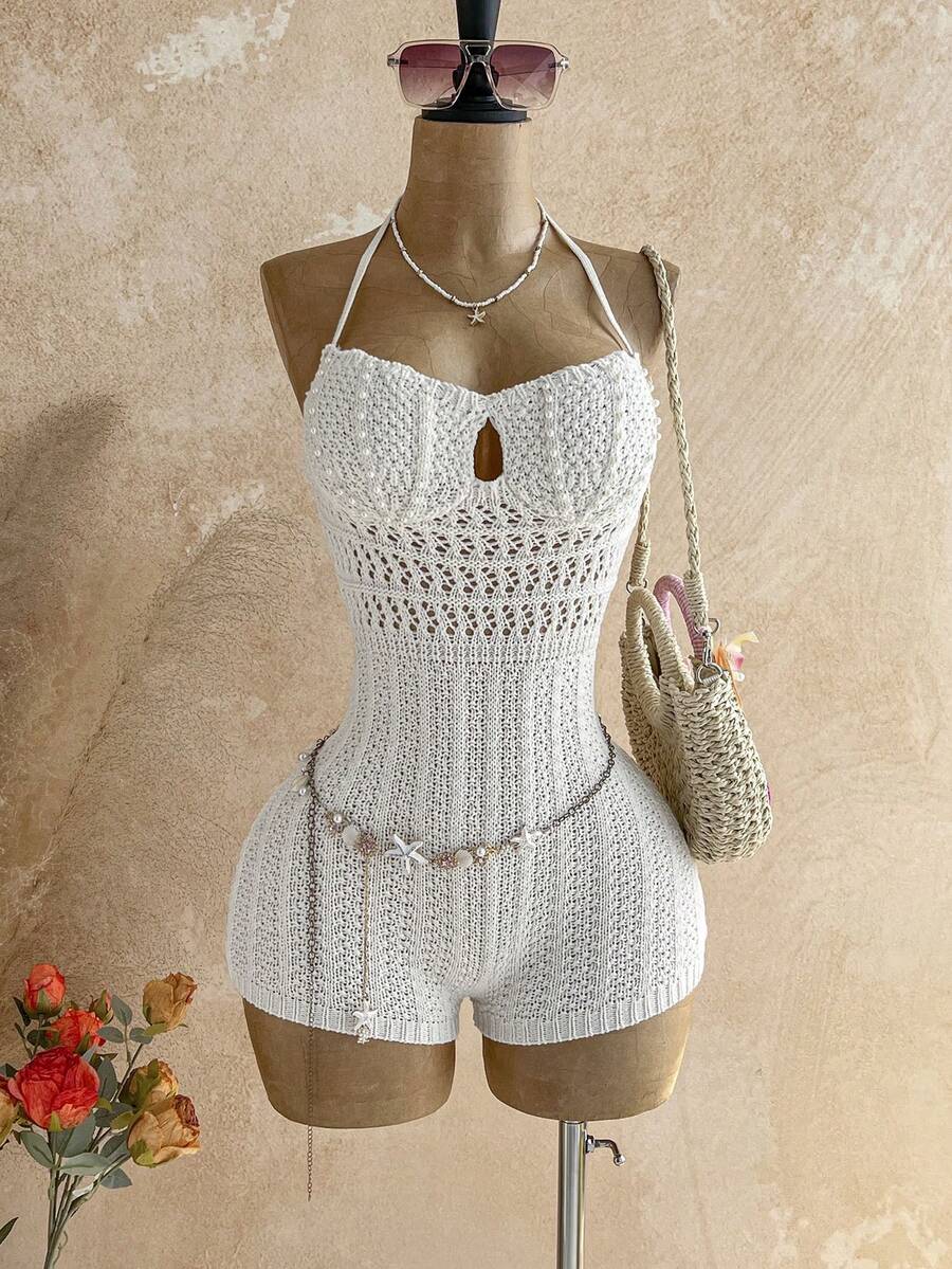 Soleia Women's Autumn Vacation Outfit - Ombre Knit Deep V-Neck Backless Jumpsuit, Sexy & Fashionable Fitted Romper For Party, Date, Afternoon Tea, Boho Beach - White - View 1