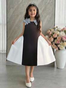 SHEIN Robe élégante à col rond, à volants et nœud pour jeunes filles - Noir et Blanc - Voir 4