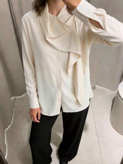 Ontre 2026 New Spring/Summer Women's Shirt, Scarf Collar Design, Multi-Wear, Romantic Valentine's Day, Design Sense, Apricot Color, Long Sleeve, Solid Color, Button, Loose Fit, Asymmetric Design Minimalist Fashionable Commuter Shirt, Valentine's Day, Wedding Season, Wedding Guest Attire, Resort Party, Holiday, Romantic Valentine's Day, Design Sense, Loose Fit, Spring/Summer Office Wear, Women's Outdoor Wear, Women's Business Casual, Casual, Spring/Summer Women's , Independence Day, Urban Chic, Fashionable Versatile Women's Shirt