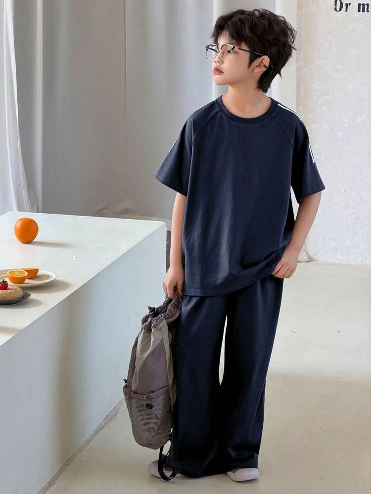 Tween Boy Summer Casual Contrast Stripe T-Shirt And Pants Set