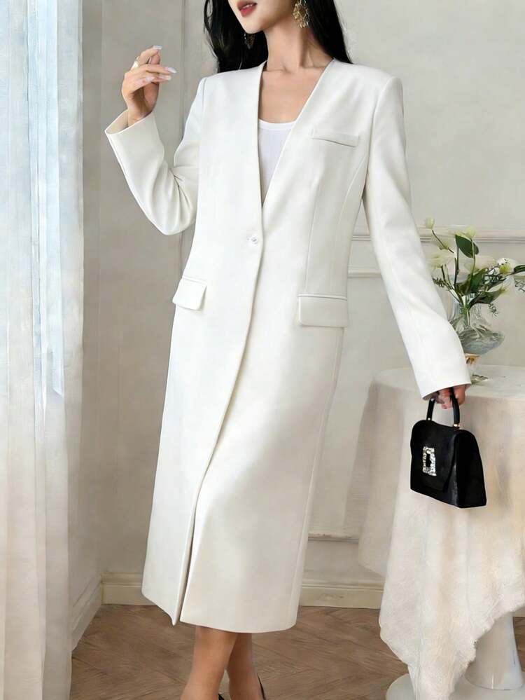 V-Neck Elegant Long Sleeve White Blazer Jacket, Suitable For Commuting In Spring And Summer