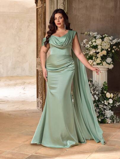 Aureia Vestido elegante minimalista de talla grande con hombros descubiertos, cintura fruncida, satén de lujo y bajo de cola de sirena con abertura lateral, adecuado para bodas, fiestas, celebraciones y eventos formales, dama de honor