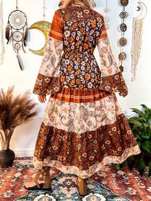 波西米亚风拼接连衣裙，宽松V领度假连衣裙 - 彩色 - 查看 2