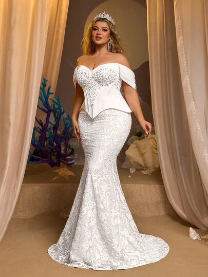 Glamrae Plus Size Elegant Luxurious Pearl Beaded Lace Patchwork Elastic Knit Mermaid Skirt, Sexy Strapless Long Tail, Suitable For Wedding, Party, Holiday, Bridal Gown