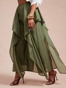 Vixey High Waist Textured Chiffon Fully Lined Culotte Pants - Army Green - View 4