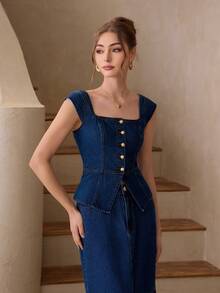 Selenza Women's Elegant Off-Shoulder Denim Blouse For Party, Summer - Dark Wash - View 5