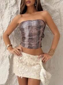 TRNVIE 一件紫红色鳄鱼纹涂层PU弹力褶皱露背吊带背心，性感时尚休闲街头派对夜店女装，适合秋冬季、圣诞节、新年等场合。 - 粉色 - 查看 5