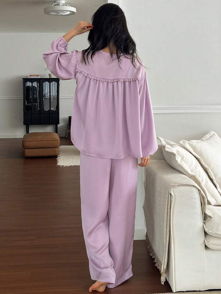 Elegant Satin Trim Decorative Women Pajama Set