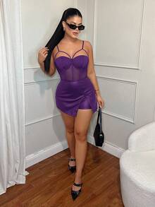 SHEIN SXY 女士性感春夏吊带网纱拼接罩杯装饰吊带衫 - 紫色 - 查看 6