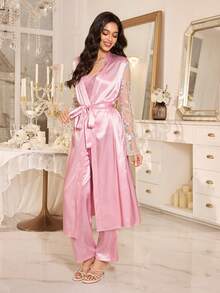 LuxeNights 3pcs Set: Embroidered Trim Faux Silk Camisole, Pants And Robe Sleepwear Set - Pink - View 3