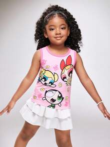 THE POWERPUFF GIRLS X SHEIN Young Girl Cartoon Print Round Neck Short Sleeve Top And Mini Skirt Casual Loungewear Set - Pink - View 4