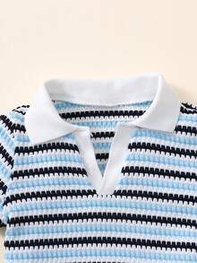 SHEIN Casuvi Kids 2件套男童条纹V领短袖上衣和无腰短裤套装，夏季 - 藍白色 - 查看 5