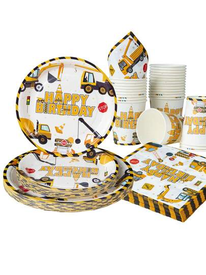 100-Piece Construction Birthday Party Tableware Set, Including 7/9-Inch Disposable Paper Plates, Cups, And Napkins, As Well As Birthday Tableware And Party Decorations Featuring A Construction Theme