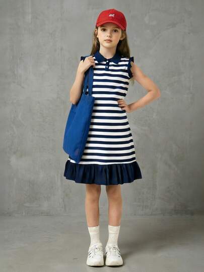 Casuvi Kids 1pc Girls' Fresh School Style Blue & White Striped Polo Collar Dress (Flutter Sleeves + Ruffle Hem Design), Regular Thickness, Casual, Summer